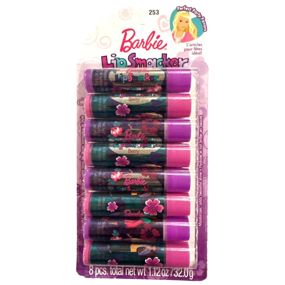 Vintg BONNE BELL Lip Smacker BARBIE #253 8pc Bubble Font BERRY & SUGAR Balms '09